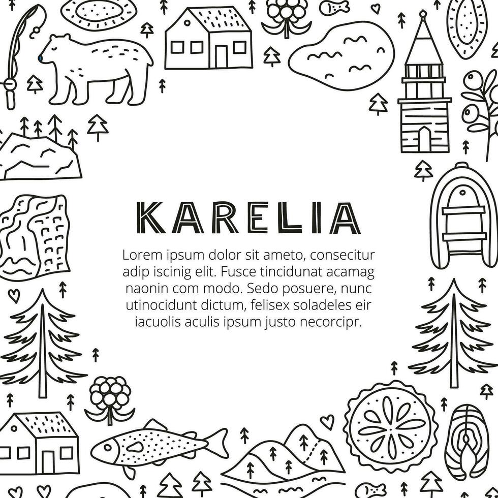 Poster with lettering and doodle outline Karelia icons. vector