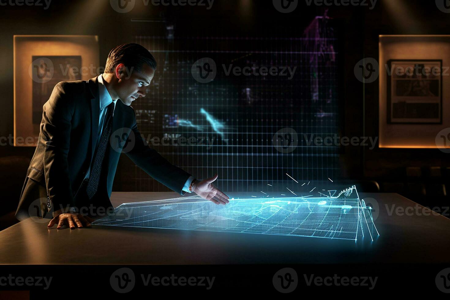 Photo a man in a suit is touching hologram screen in front of a desk with a graph on it. Generative AI