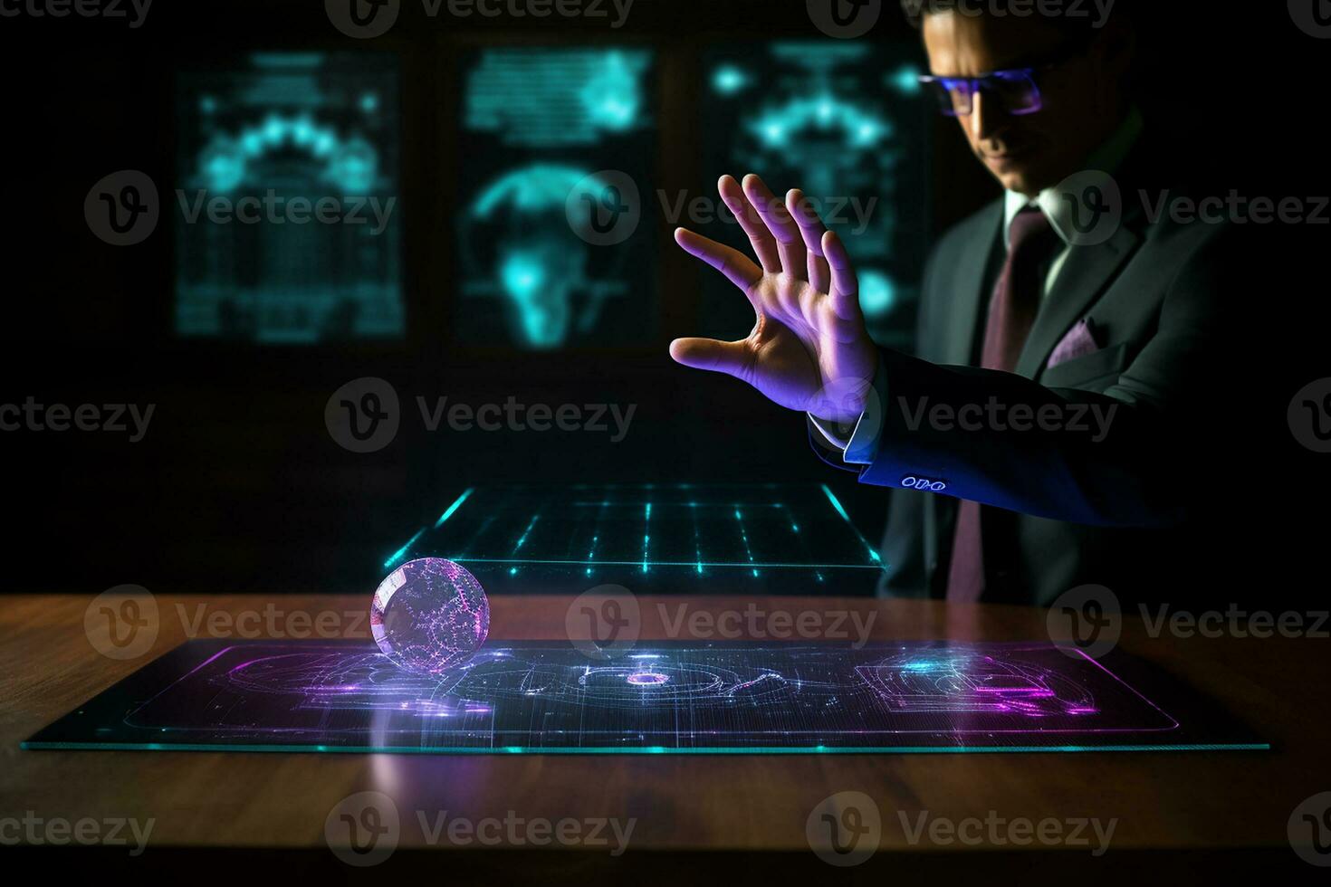foto un hombre en un traje es conmovedor holograma pantalla en frente de un escritorio con un grafico en él. generativo ai