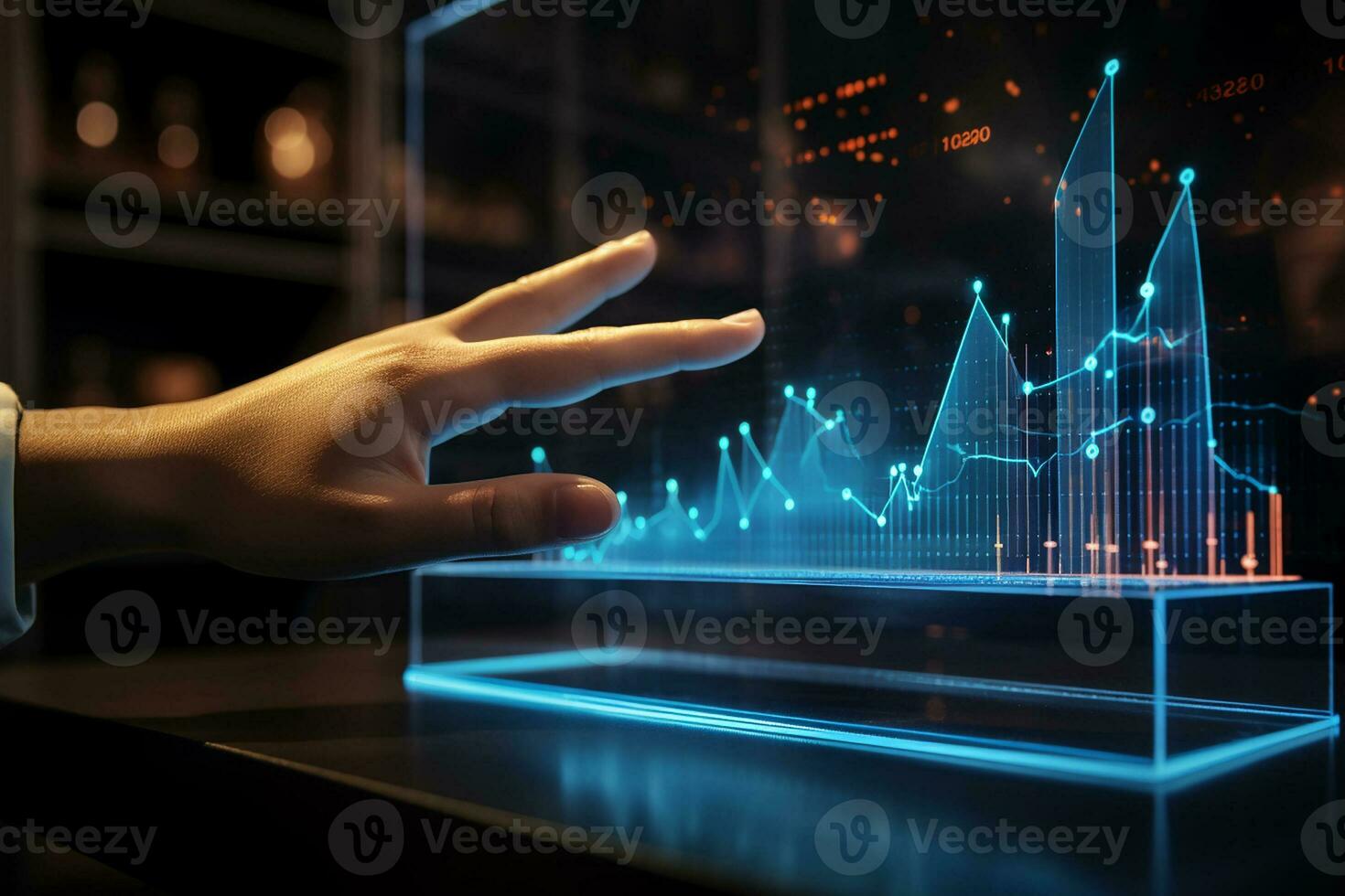 Photo close up a hand touching hologram screen in front of a desk with a graph on it. Generative AI