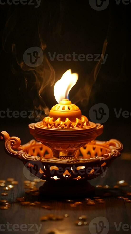 Happy Dawali concept, photo of illuminated diya or clay oil lamp