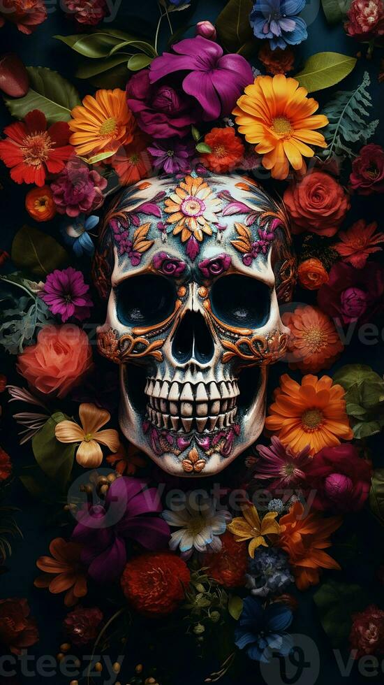 foto un vistoso cráneo con un flor modelo en él. generativo ai