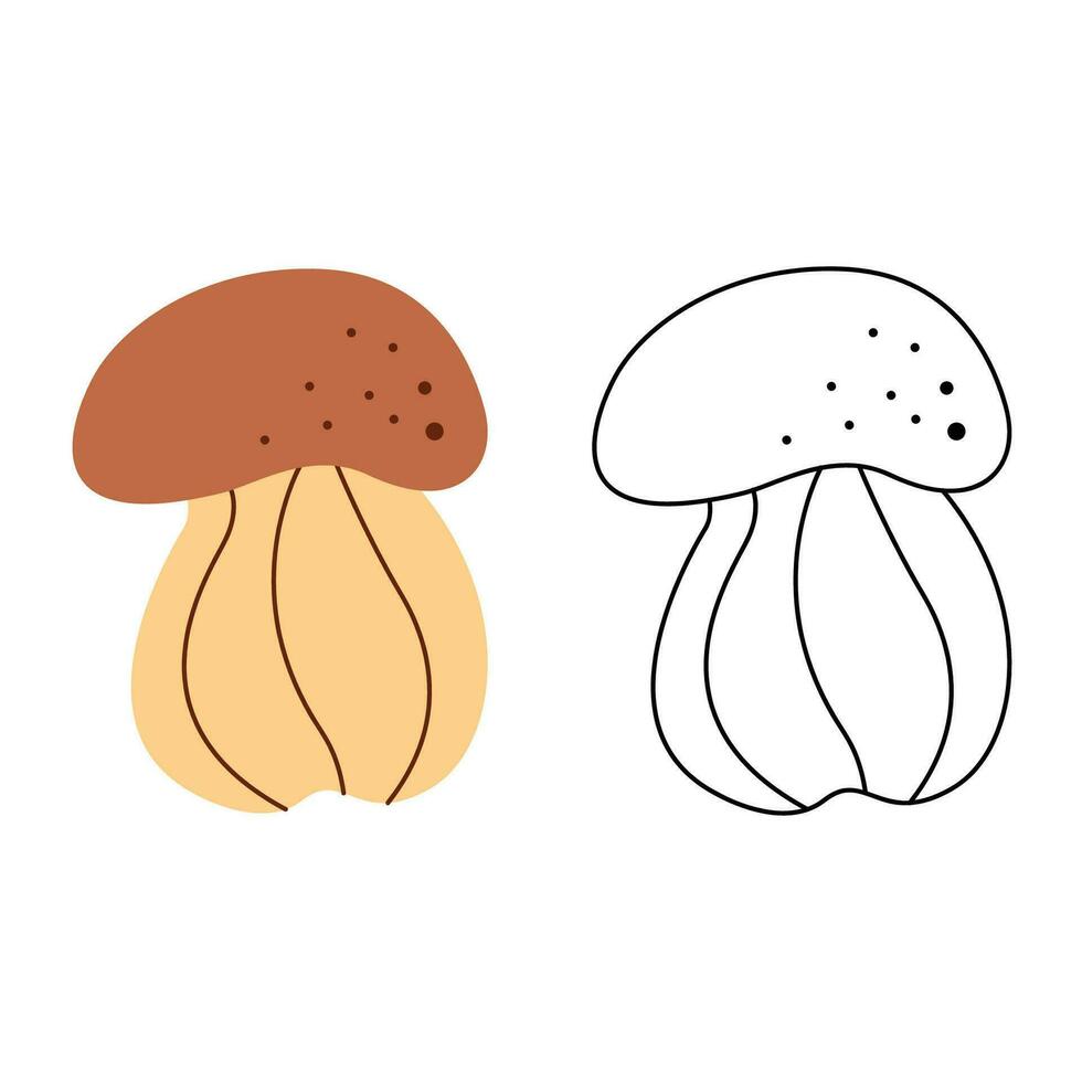 A small set with an abstract porcini mushroom. Black and white and color clipart vector illustration.