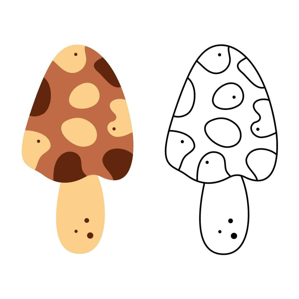 A small set with an abstract morel mushroom. Black and white and color clipart vector illustration.