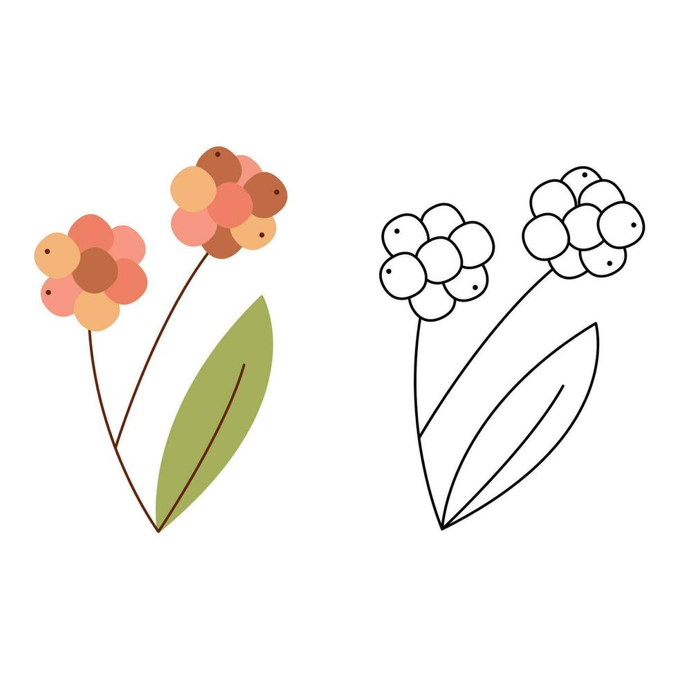 A small set with abstract cloudberries doodle. Black and white and color clipart vector illustration.