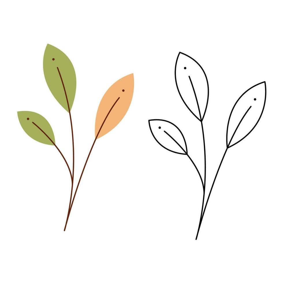A small set with an abstract autumn branch with leaves. Black and white and color clipart vector illustration.