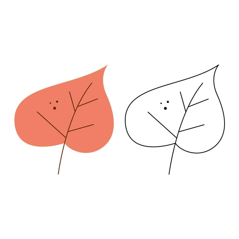 Small set with two abstract autumn leaf. Black and white and color clipart vector illustration.