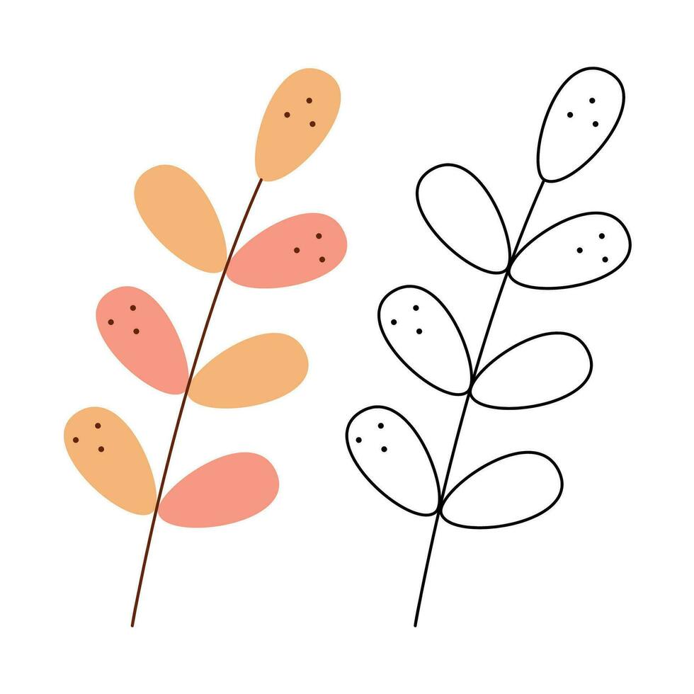 Small set with abstract branch with oval berries. Black and white and color clipart vector illustration.
