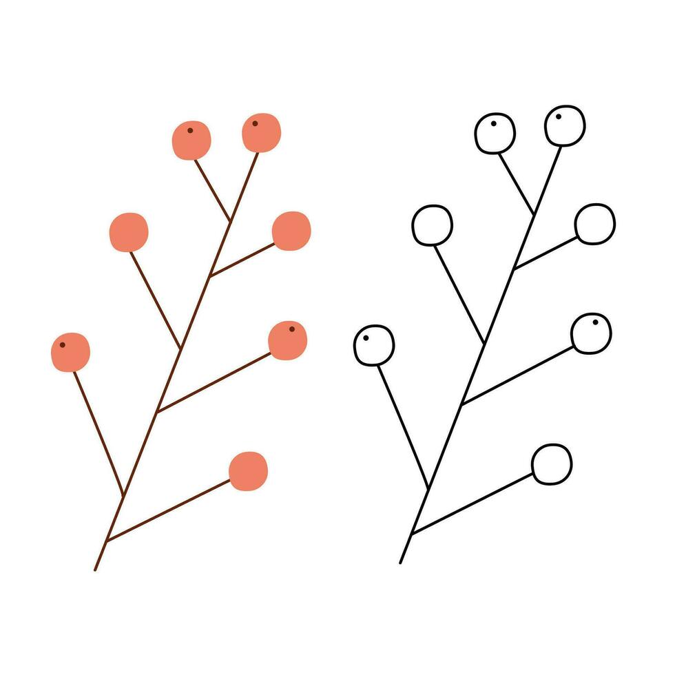 A small set with an abstract branch with berries. Black and white and color clipart vector illustration.