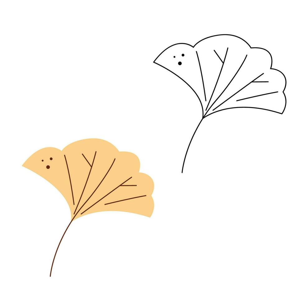 Small set with abstract autumn ginkgo leaf. Black and white and color clipart vector illustration.