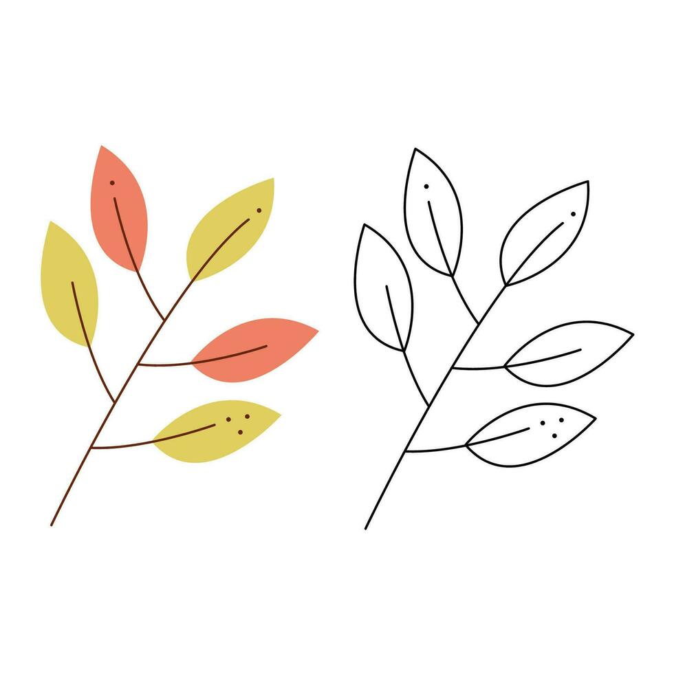 A small set with an abstract branch with leaves. Black and white and color clipart vector illustration.