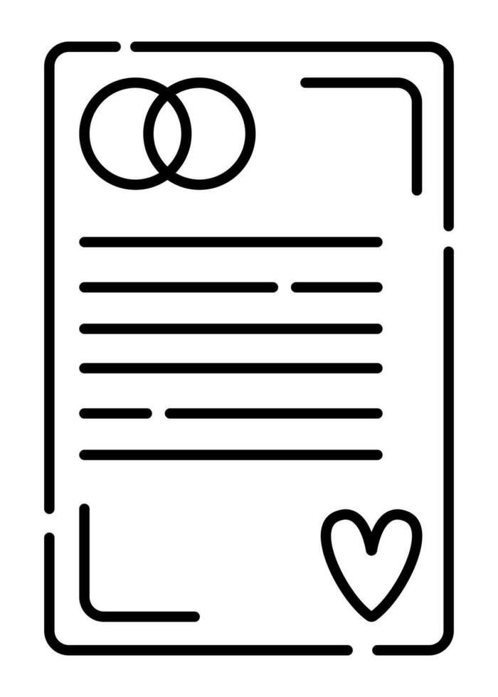 Marriage certificate, wedding document, vector black line icon