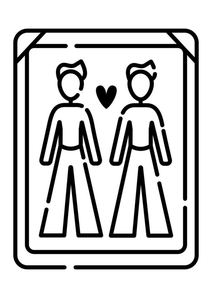 Photo of male couple, vector black line icon of two gays