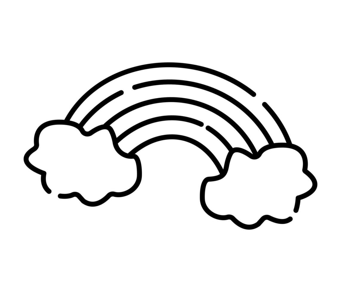 Rainbow and two clouds, vector black line icon
