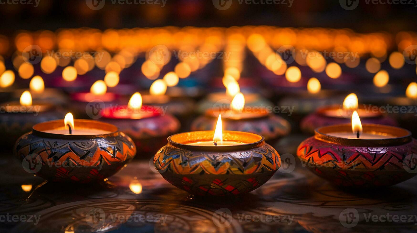 Happy Dawali concept, photo of many illuminated diya or clay oil lamp