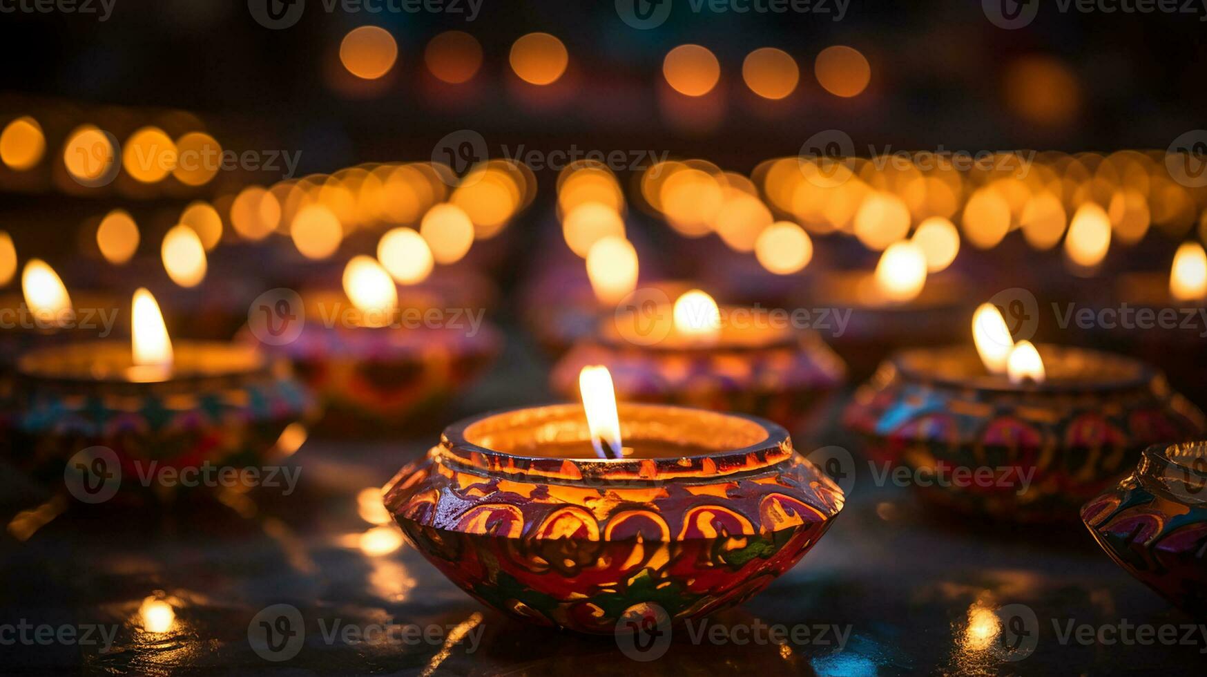 Happy Dawali concept, photo of many illuminated diya or clay oil lamp