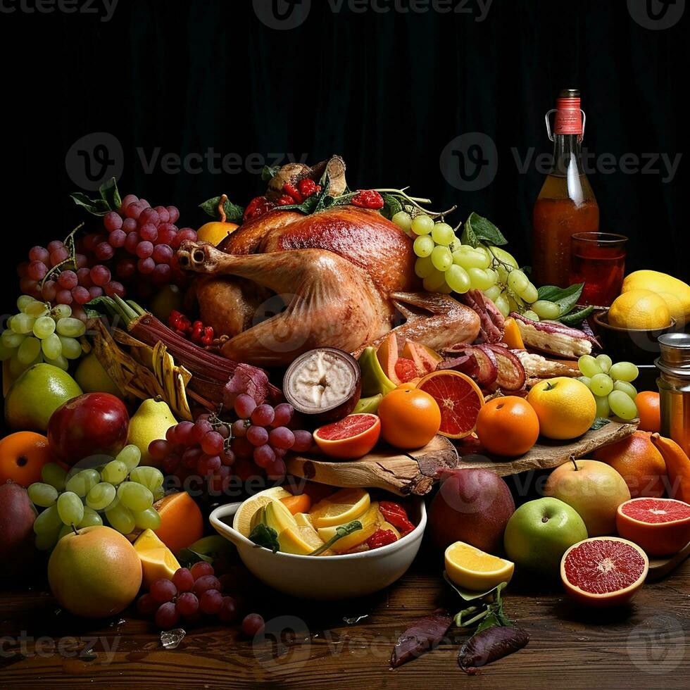 photo of various fruits, vegetable, chicken meat on the table for diet menu