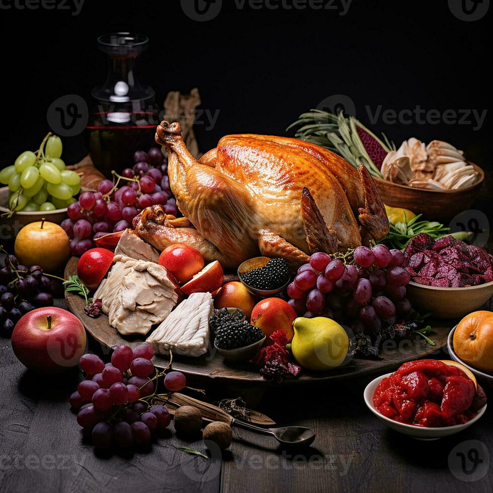 photo of various fruits, vegetable, chicken meat on the table for diet menu