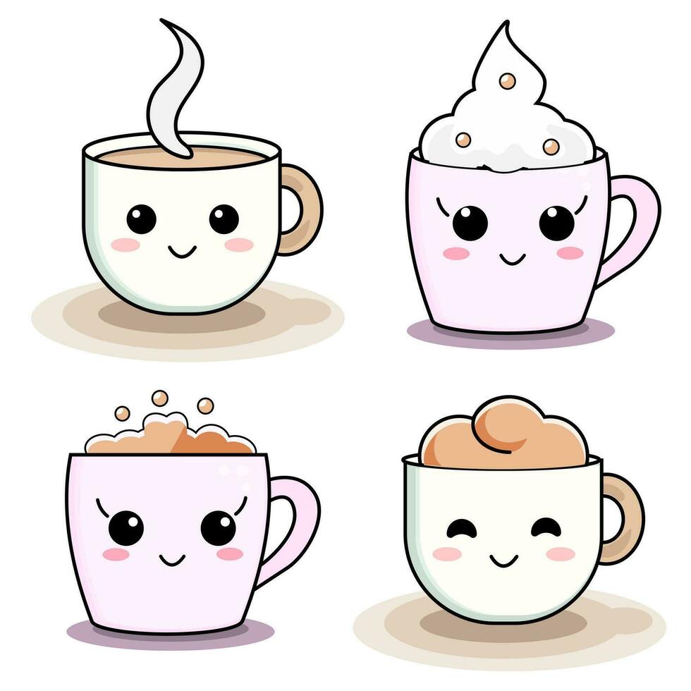 kawaii café taza imagen conjunto vector