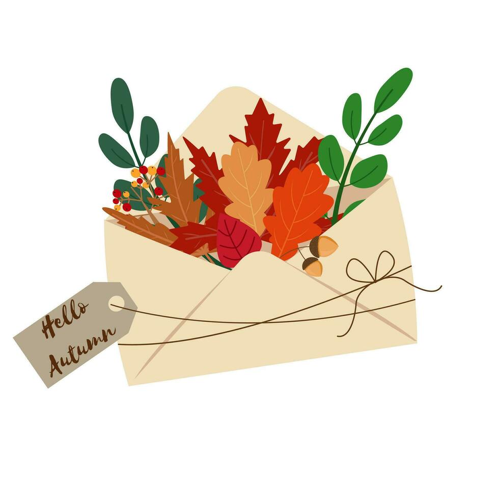 Hola otoño sobre con otoño hojas y el mano escrito Hola otoño en etiqueta vector