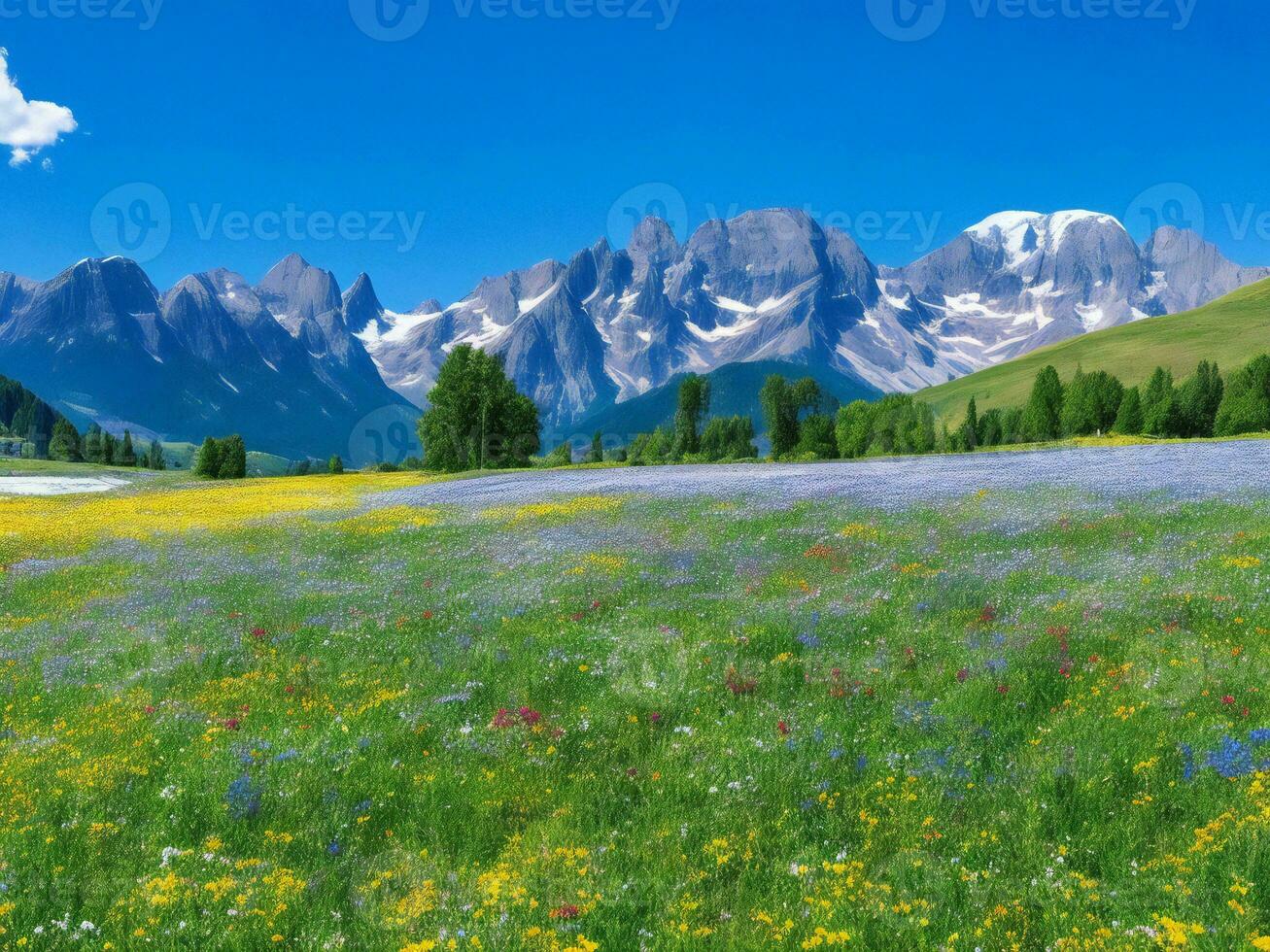 the meadow of flowers and mountains ai generated photo