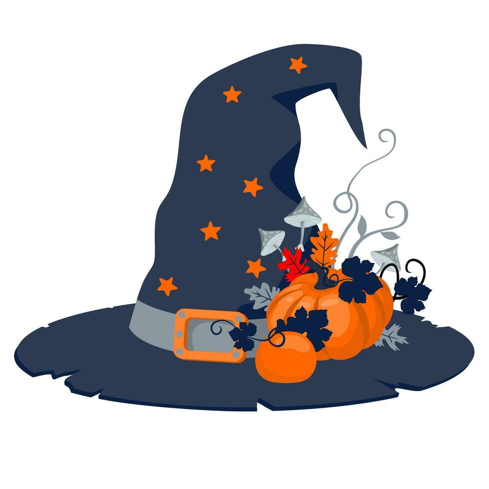 Halloween witch hat with decorations of pumpkins and blackberries. Illustrated vector element.