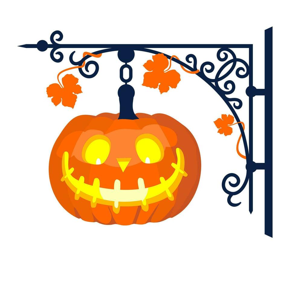 Halloween pumpkin lantern suspended from a wrought iron holder. Illustrated vector element.