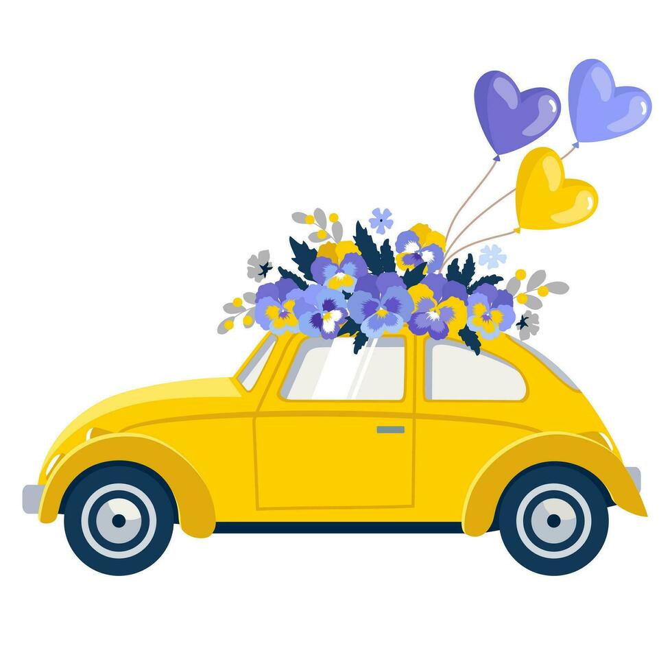 Yellow small car with flowers on the roof and balloons Vector. Illustrated clipart. vector