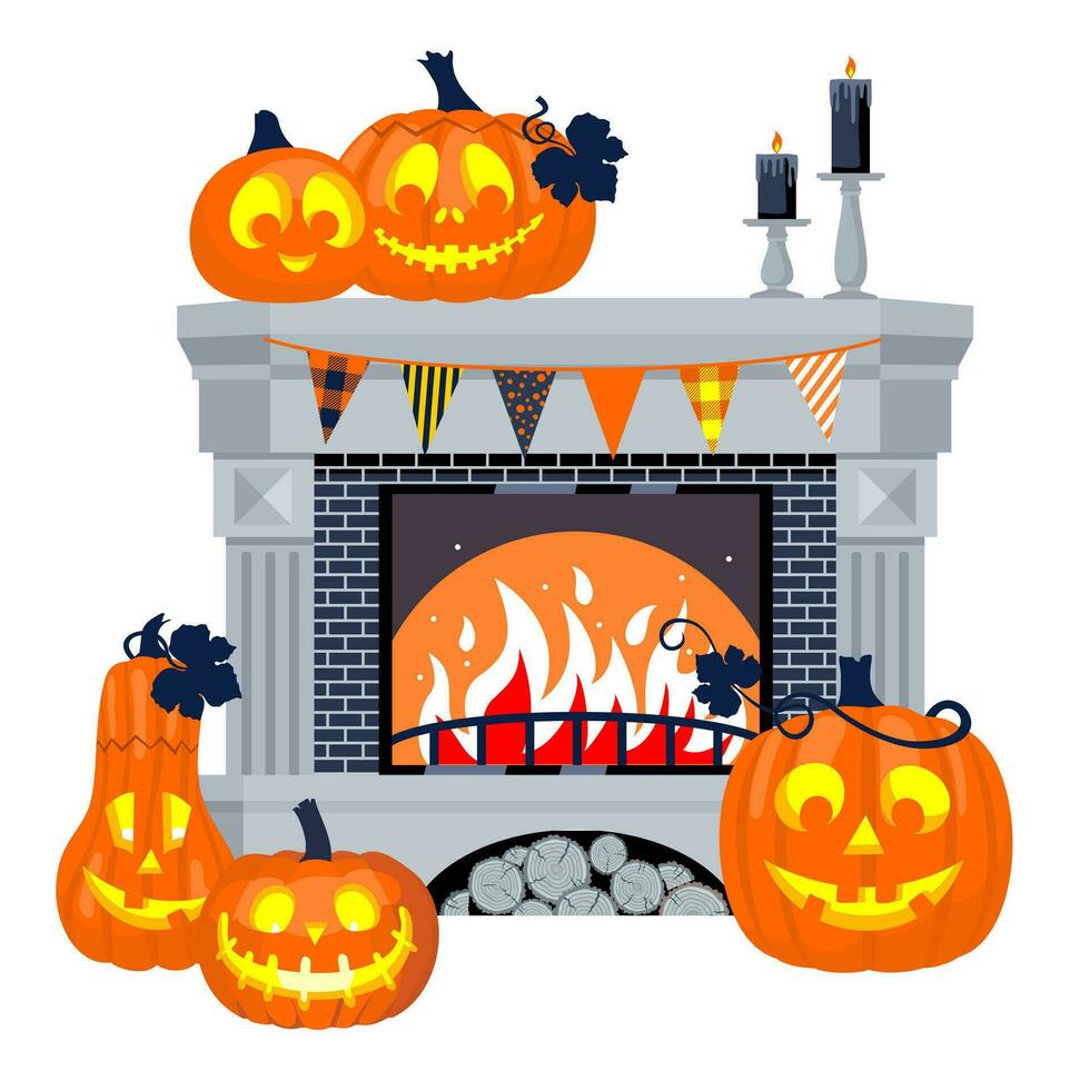 Halloween fireplace with cheerful pumpkins and black candles. Illustrated vector element.