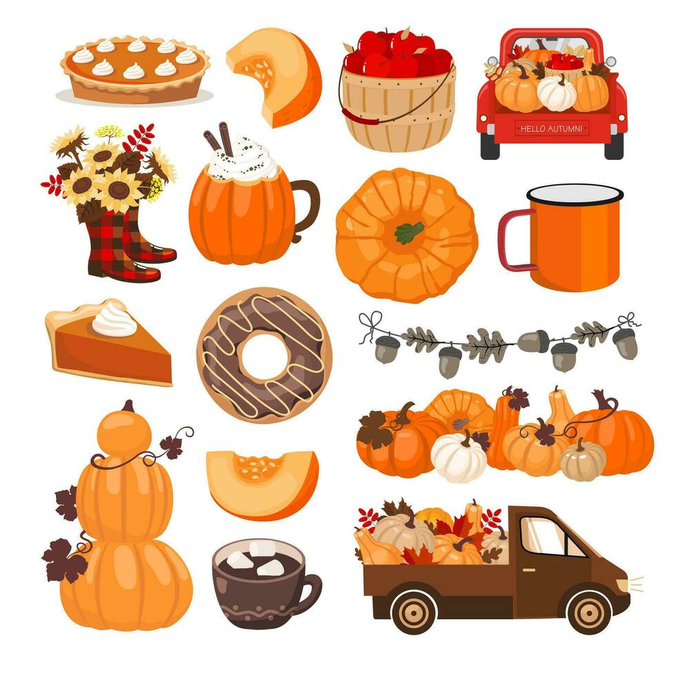 Autumn elements set - pumpkin, pie, car, acorns, pumpkin latte, donut. Illustrated vector clipart.