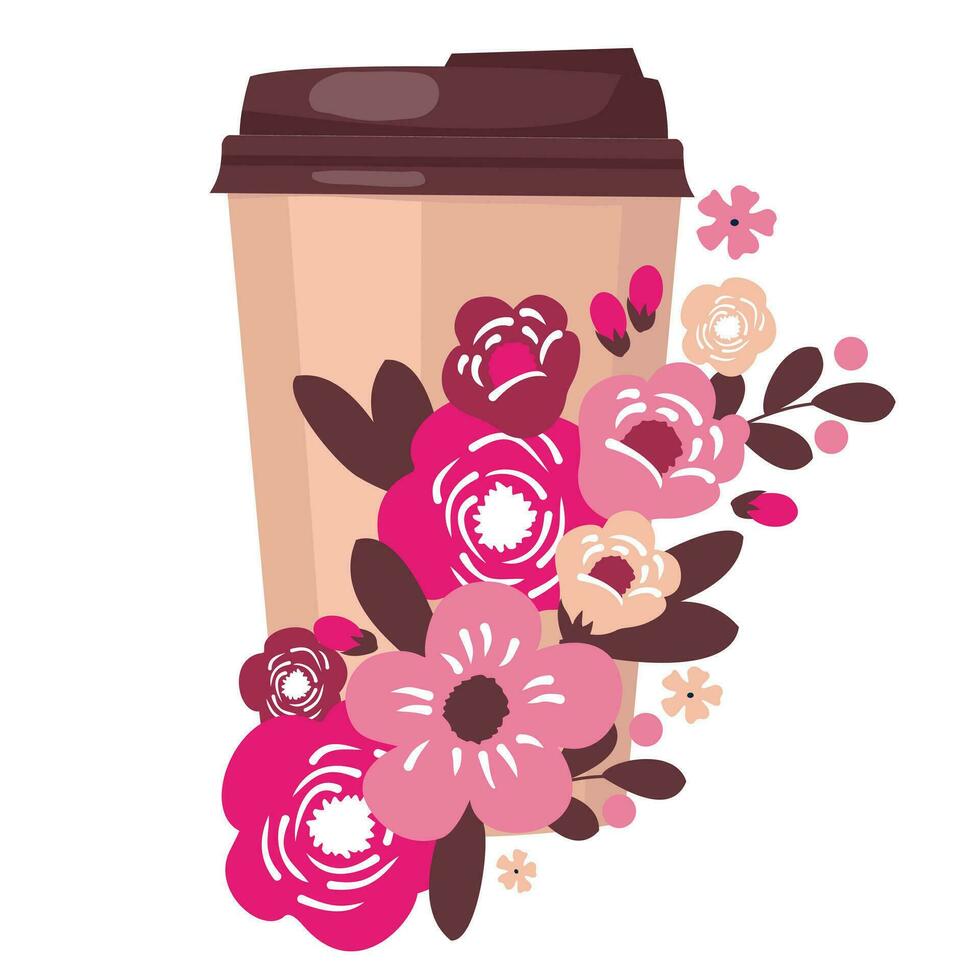 Hot coffee in a paper cup and a bouquet of flowers. Vector. Illustrated clipart. vector