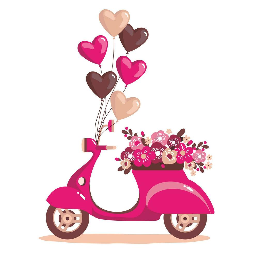 rosado scooter con un brazada de flores y globos vector. ilustrado clipart. vector