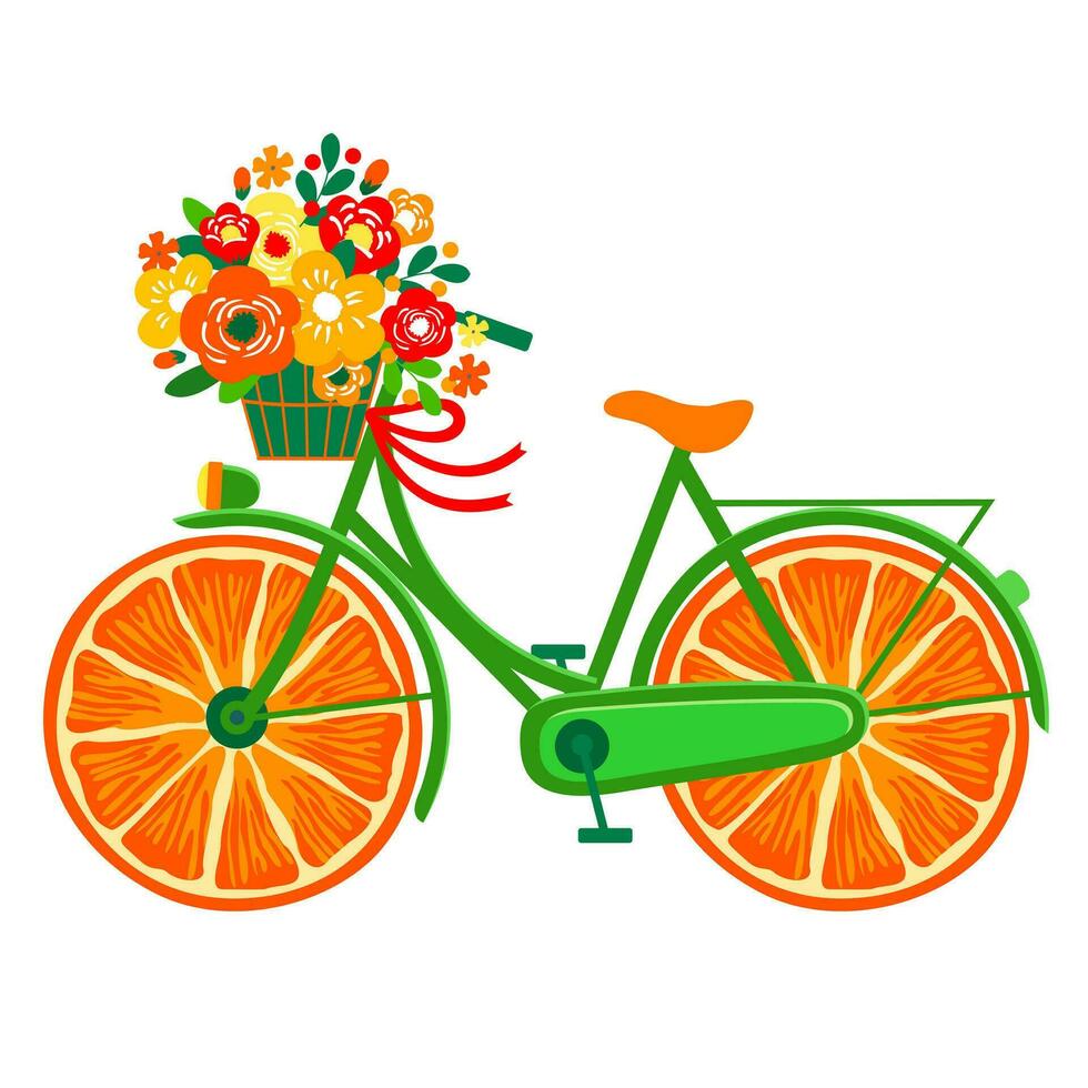 un brillante verde bicicleta con un brillante ramo de flores y ruedas hecho de jugoso naranjas vector. ilustrado clipart. vector
