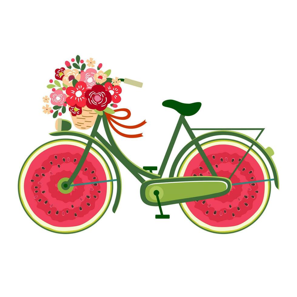 A green bicycle with a bright bouquet and watermelon wheels . Vector. Illustrated clipart. vector