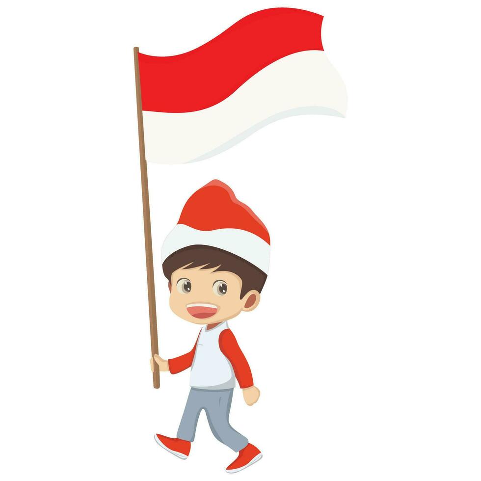 Vector illustration of a cute boy carrying an Indonesian flag. Red and white flag of Indonesia.