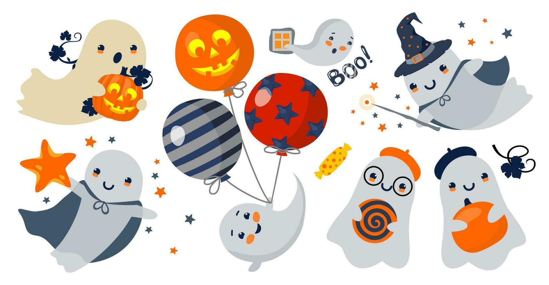 Halloween flying ghost set. Illustrated vector element.