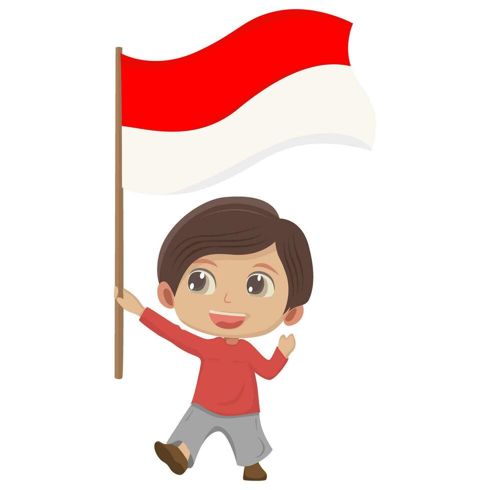 Illustration of a cute boy carrying an Indonesian flag. vector