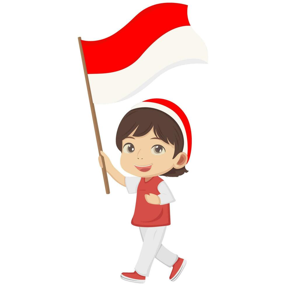 ilustración de un linda niña que lleva un indonesio bandera. vector