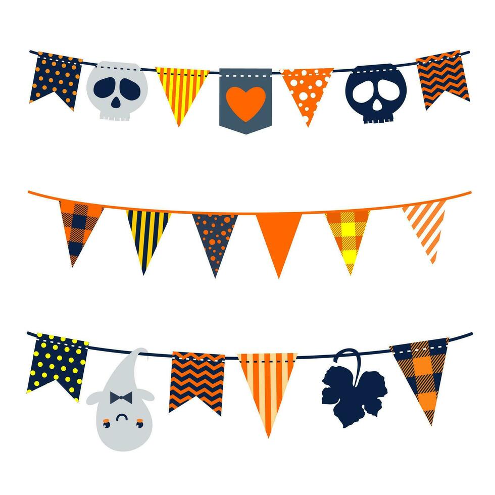 Halloween garlands of flags, skulls, ghosts. Vector illustrated element.