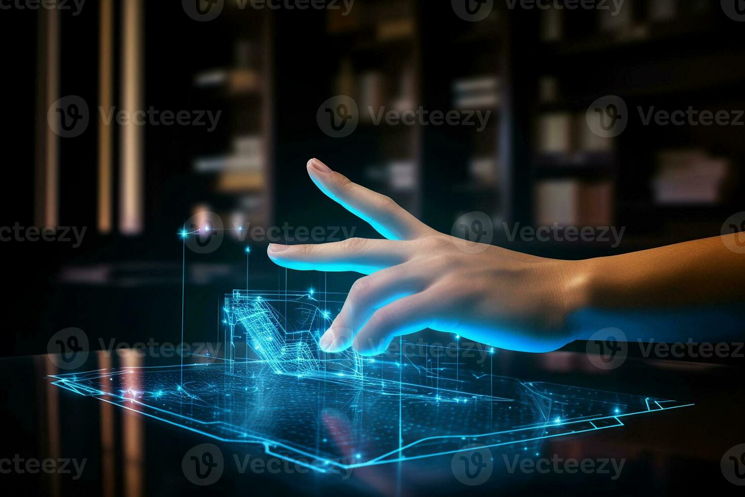 Photo close up a hand touching hologram screen in front of a desk with a graph on it. Generative AI