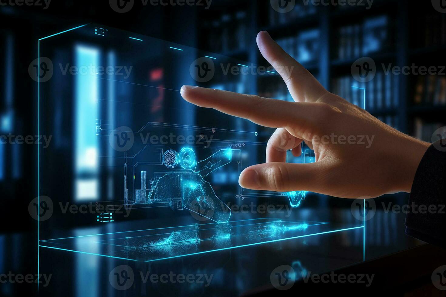 Photo close up a hand touching hologram screen in front of a desk with a graph on it. Generative AI