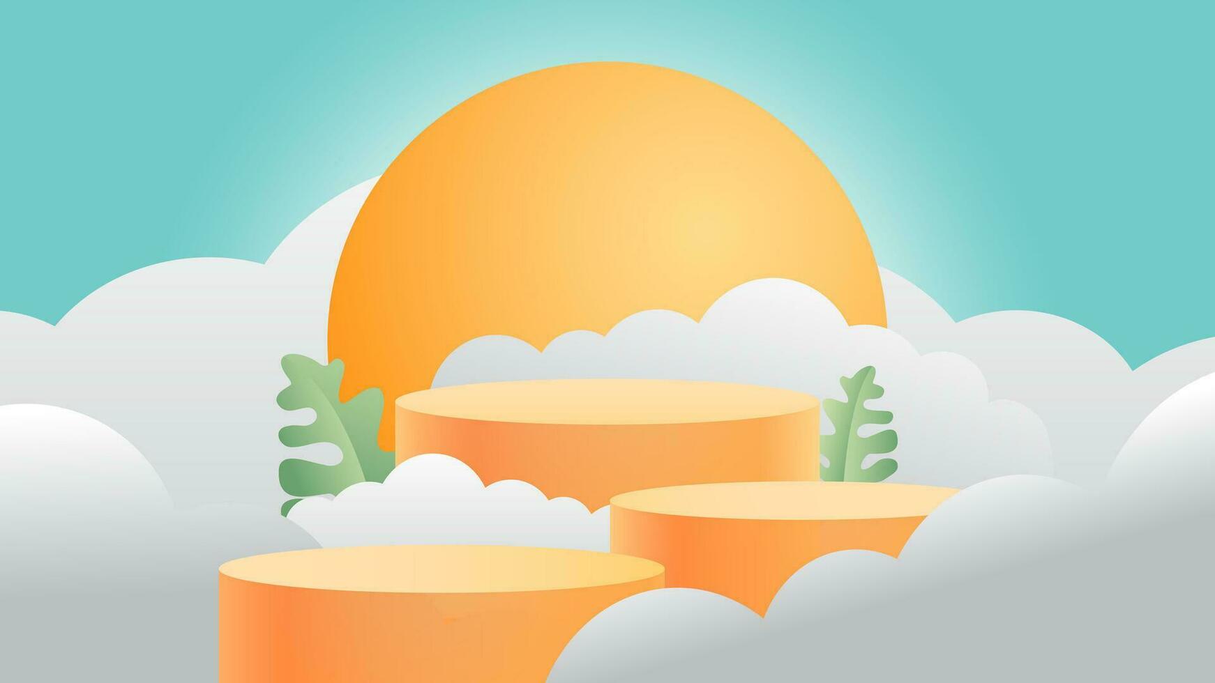Enhance your products with a vibrant summer-themed display podium. Tropical design with sun, clouds, leaves, and a yellow cylinder podium against a sunny sky backdrop. vector