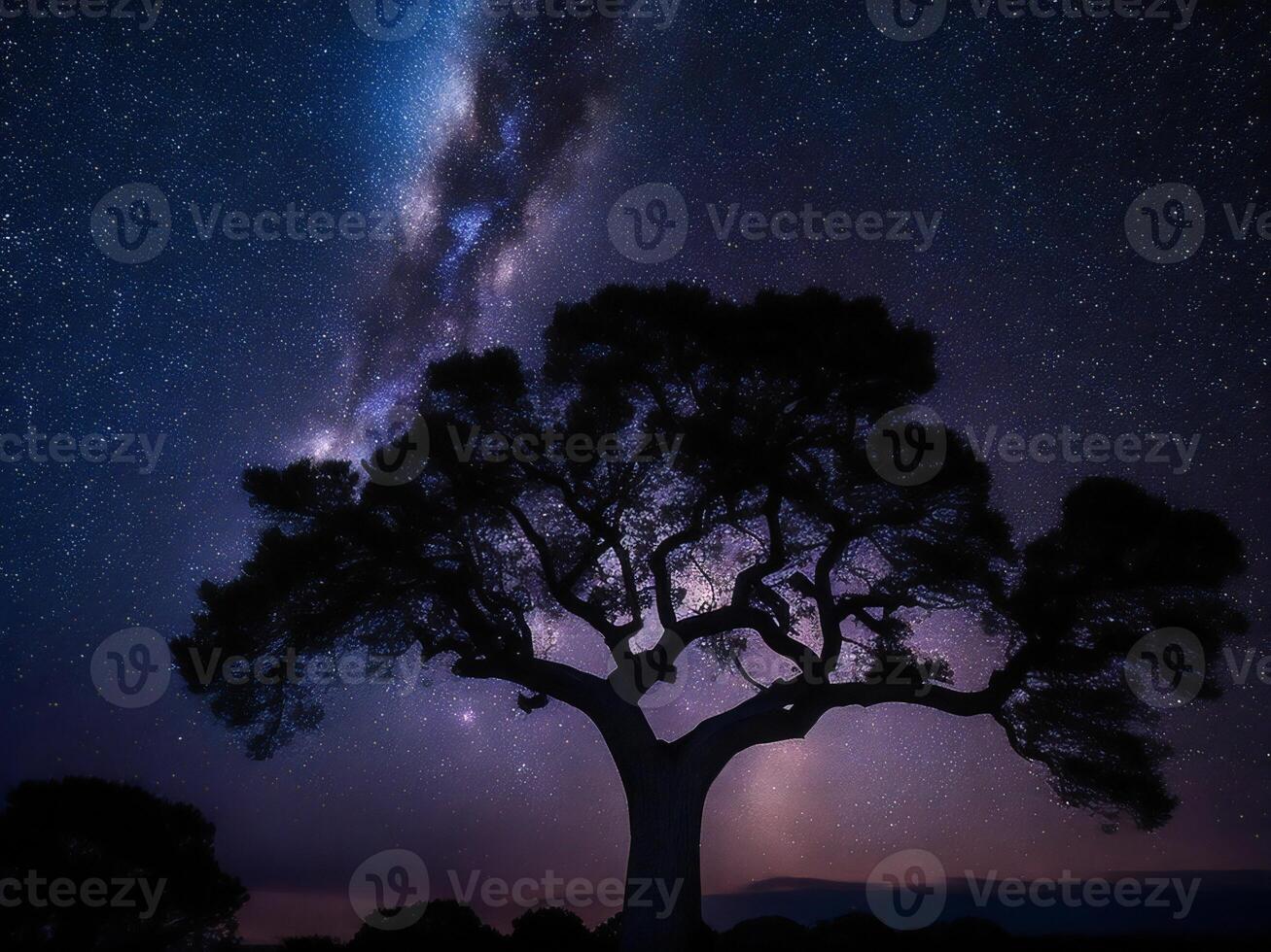 a majestic tree silhouetted against a backdrop of the vast night sky filled with stars ai generated photo