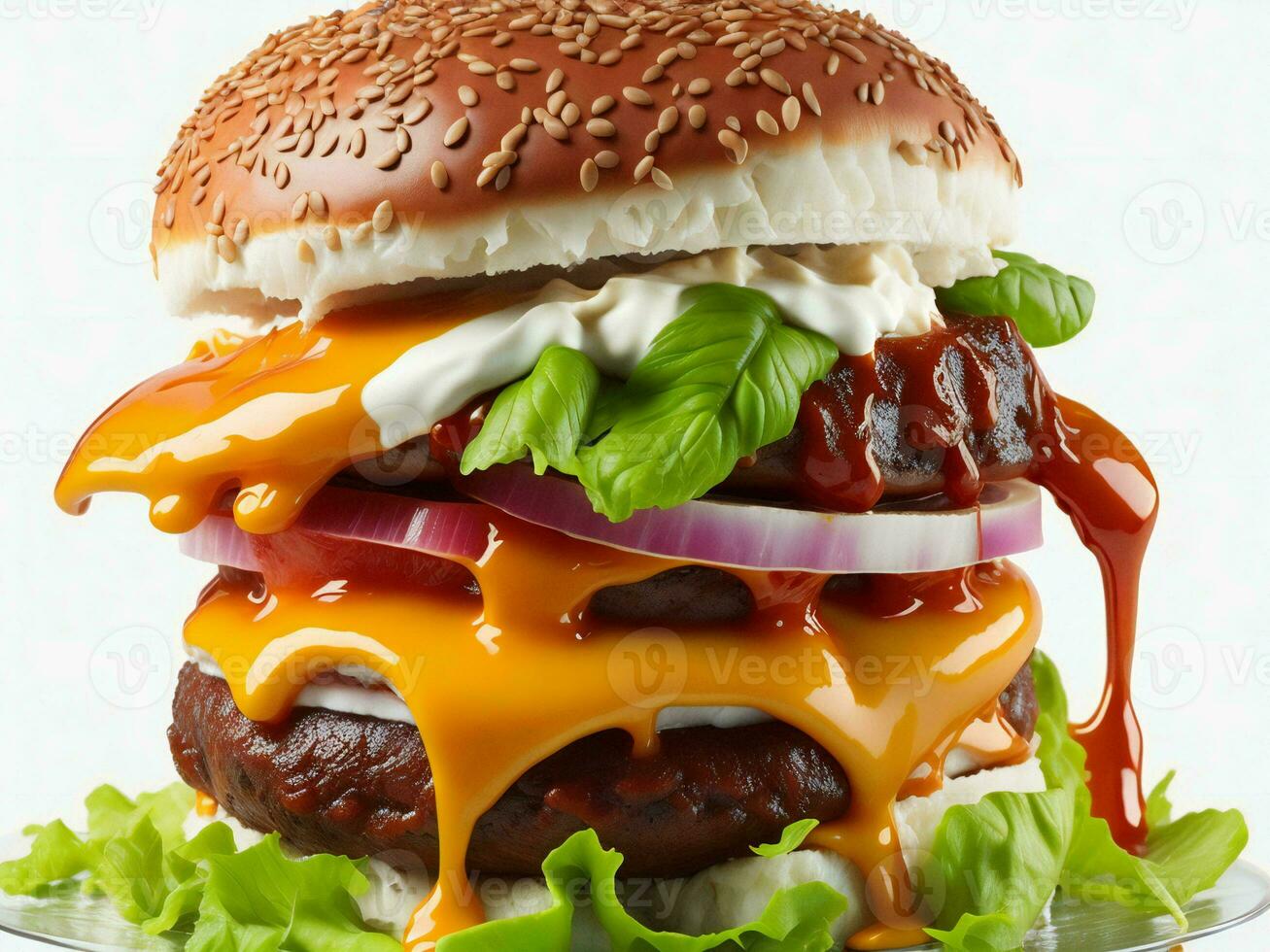 a hamburger with a lot of ketchup and cheese ai generated photo