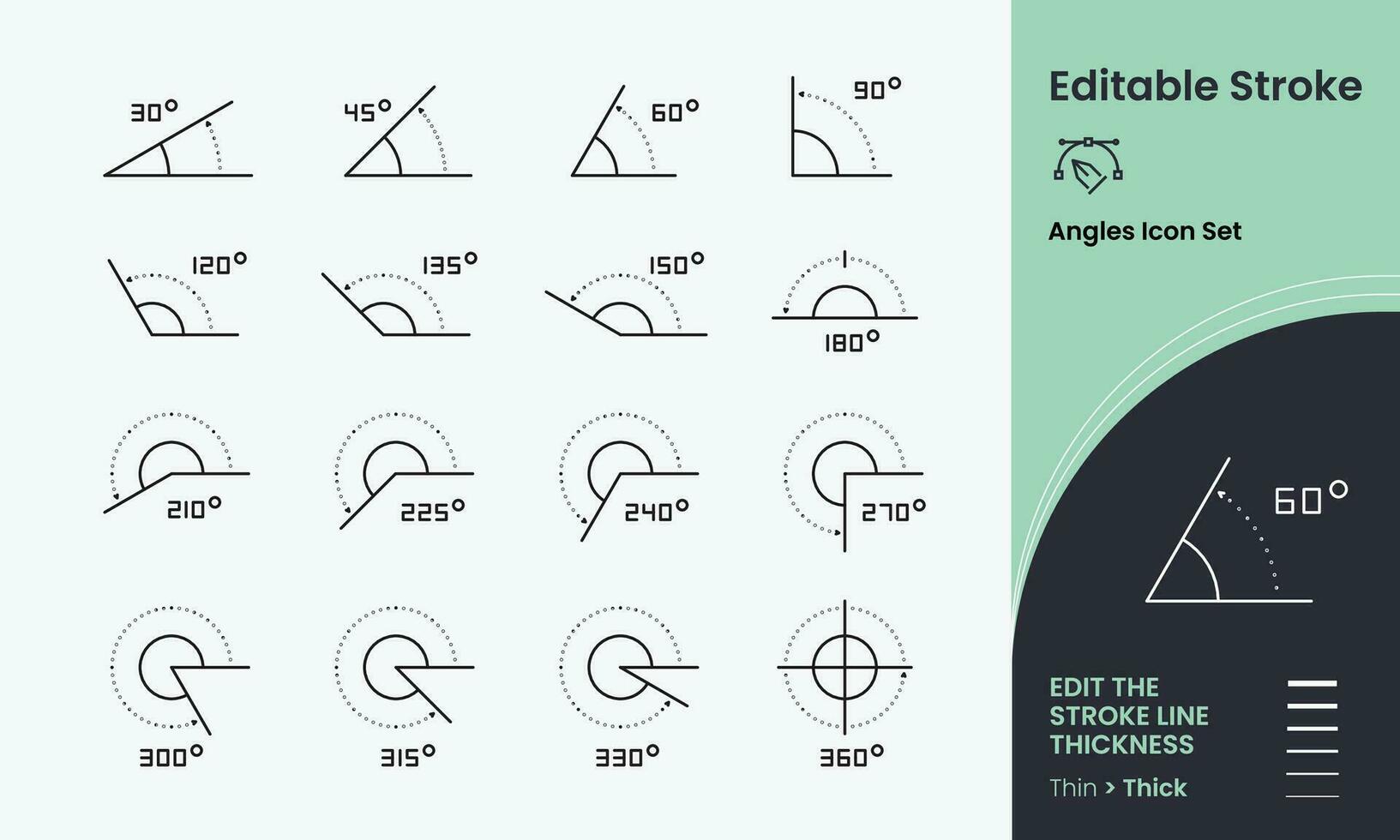 Angles Icon collection containing 16 editable stroke icons. Perfect for logos, stats and infographics. Edit the thickness of the line in any vector capable app.