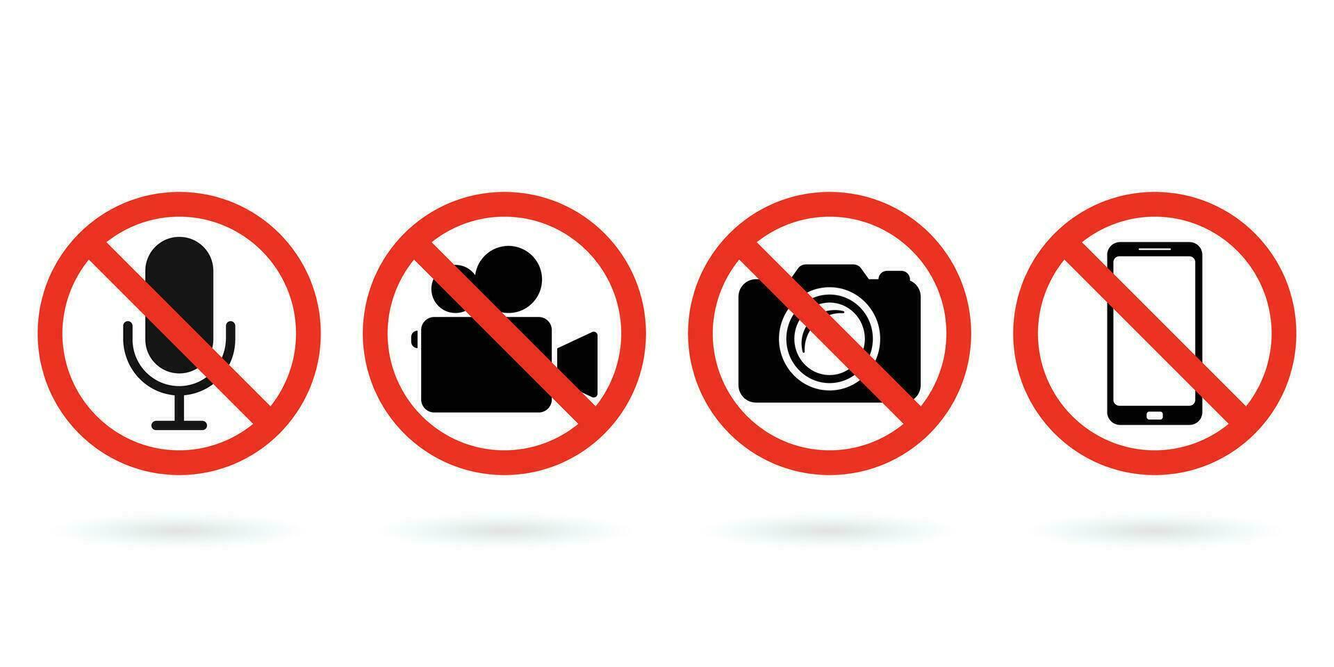 No Video, photo, phone, or sound recording forbidden icons. Photo, video, and phone prohibition symbol sign set. No photographing and filming prohibit icon logo collection. vector