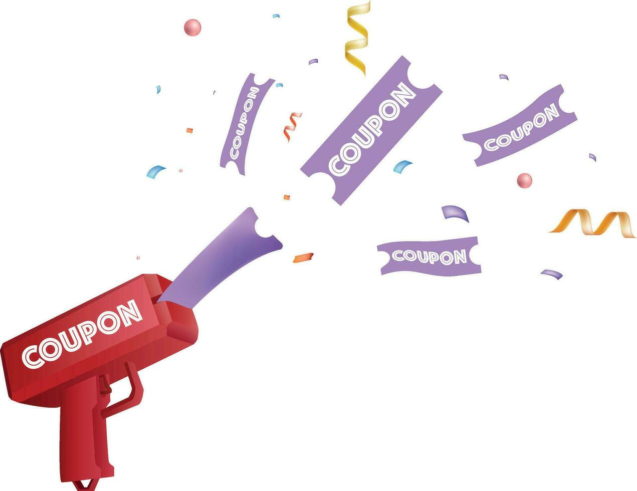 3d red coupon machine gun isolated on white background with colored 3d confetti and serpentine. Vector illustration