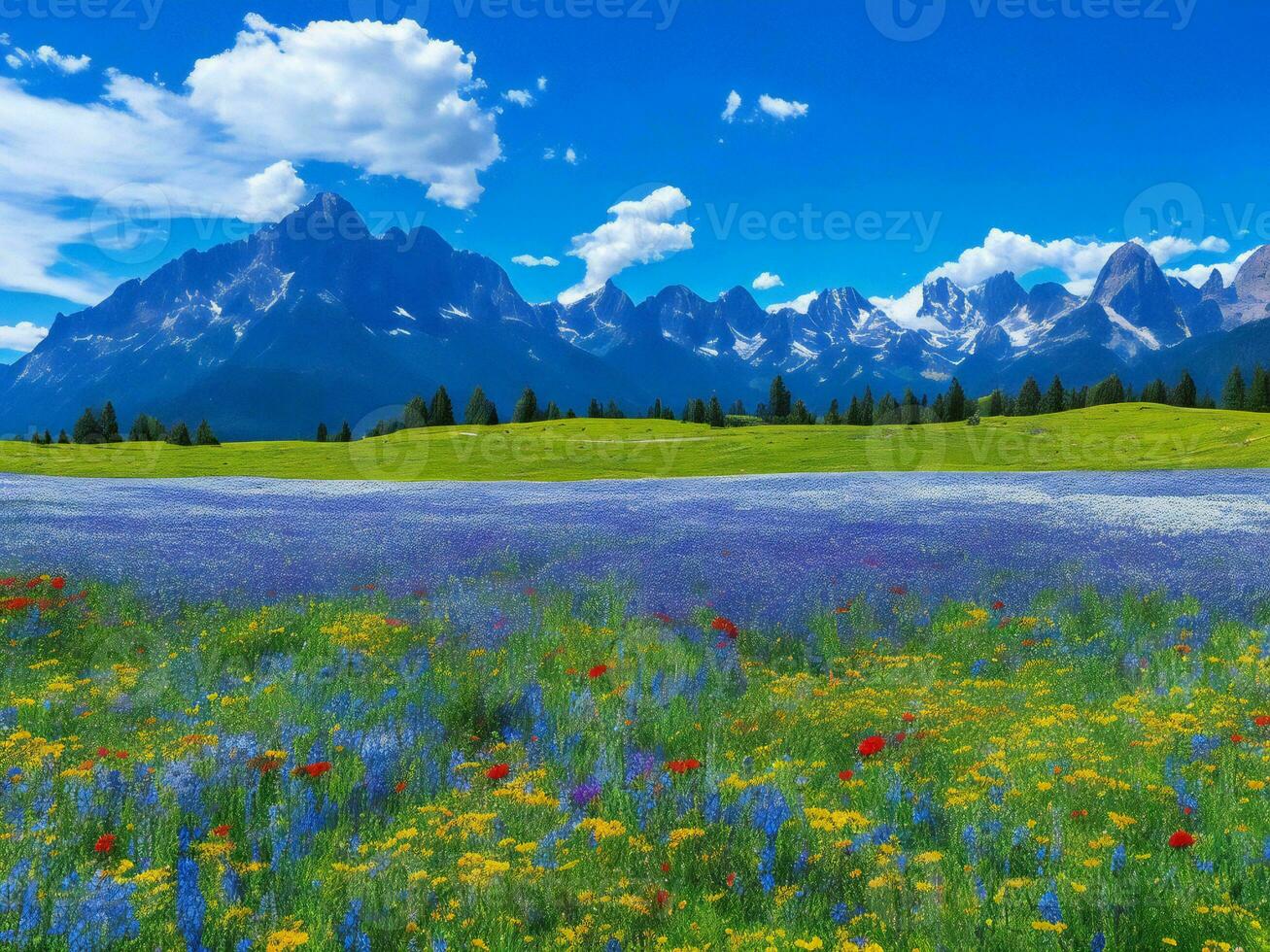 the meadow of flowers and mountains ai generated photo