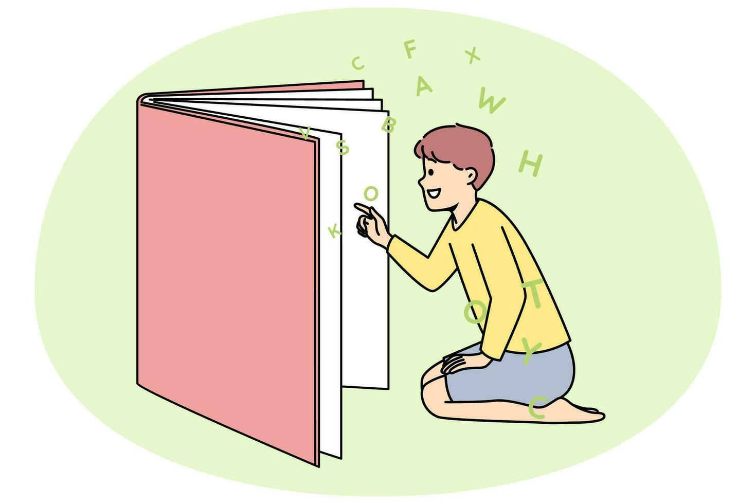 Happy boy reading book . Vector Happy child reading huge book enjoy fairytale world. Smiling boy look in textbook fond of novel or story. Literature and knowledge. Vector illustration.