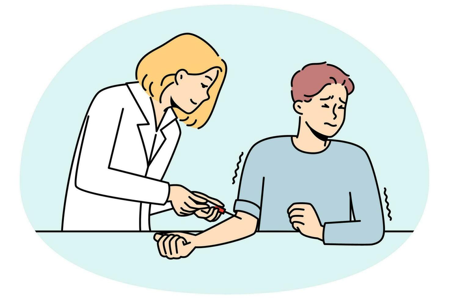 Scared male patient get blood test in hospital. Doctor collecting blood from vein from terrified man in clinic. Medicine and healthcare. Vector illustration.